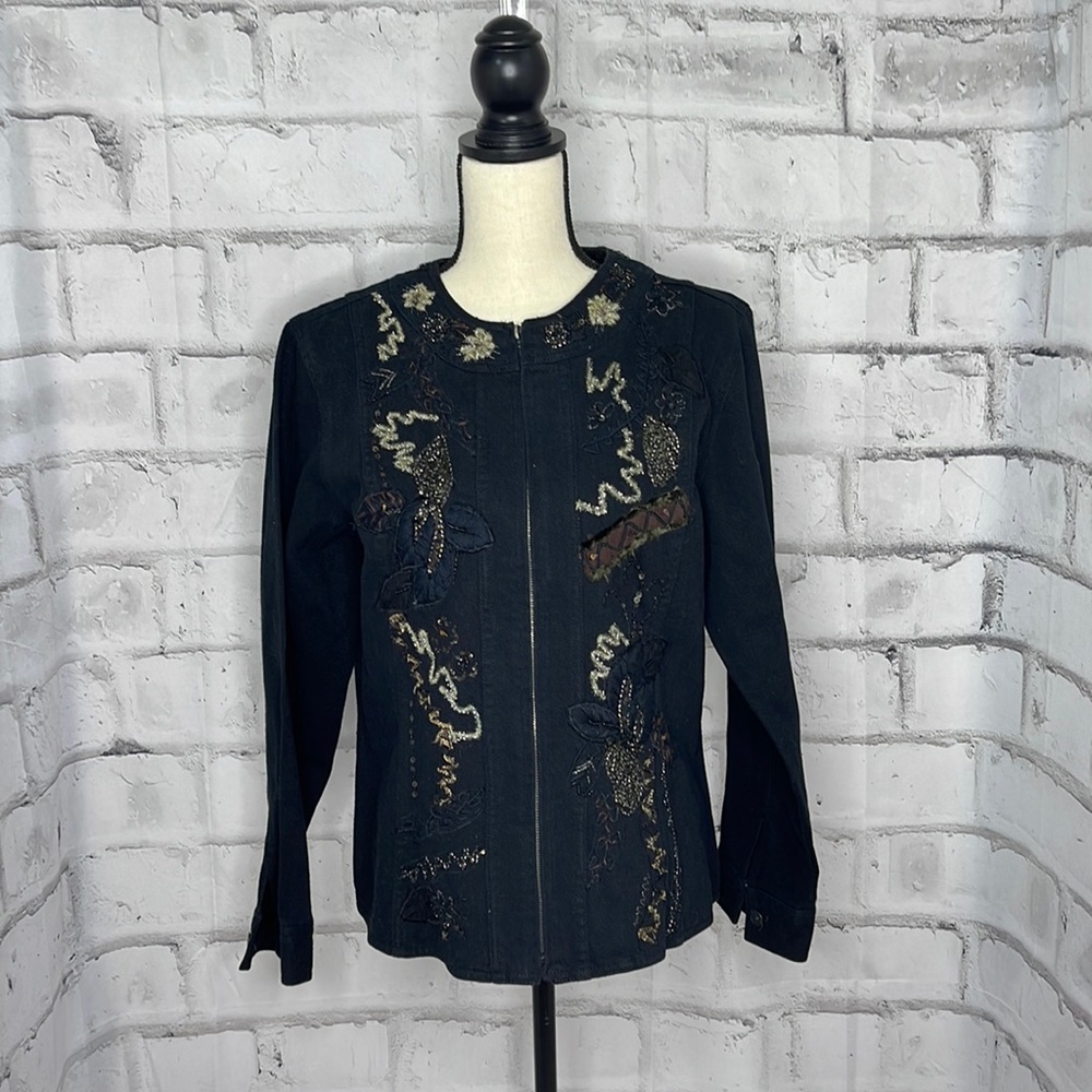 Chico’s Women’s Black Zip Up Embroidered Sequins Casual Jacket Size 2  12